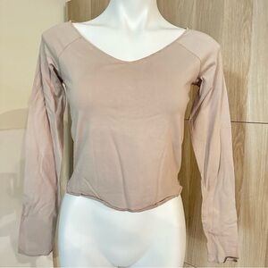 Elegant Long Sleeve V-Neck Top - Beige